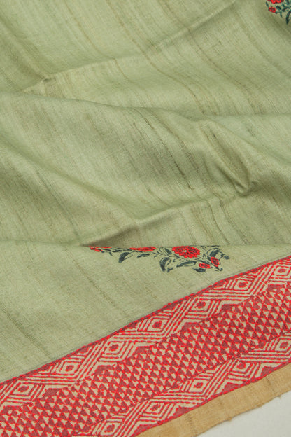 Tussar Butta Pista Green Saree With Kantha Work