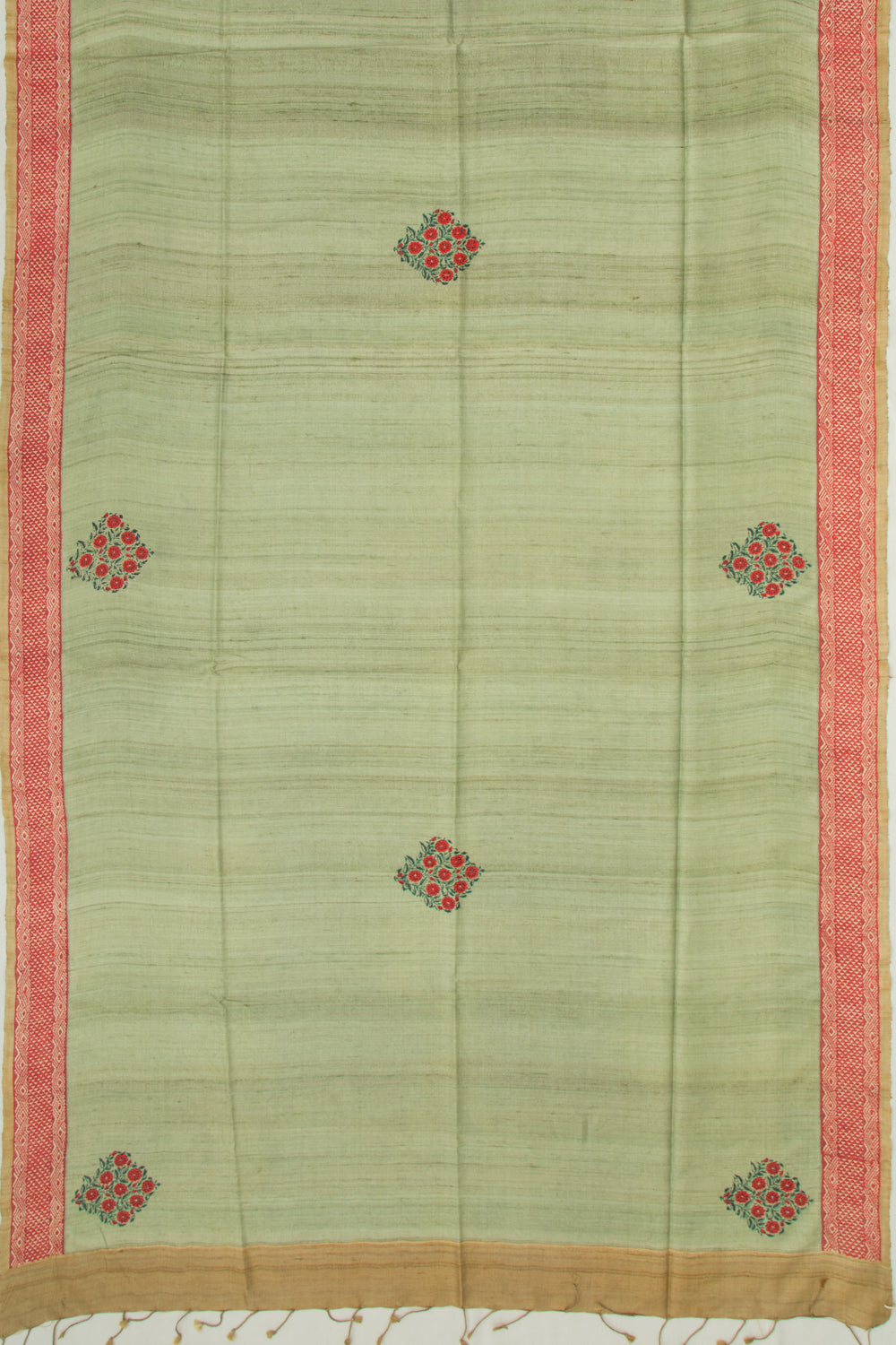 Tussar Butta Pista Green Saree With Kantha Work
