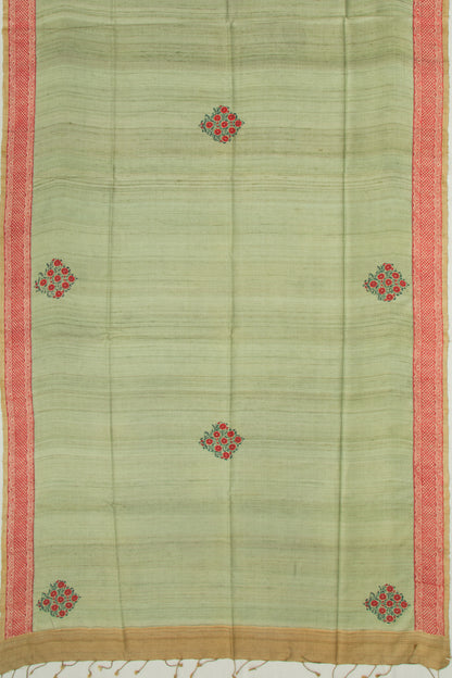 Tussar Butta Pista Green Saree With Kantha Work