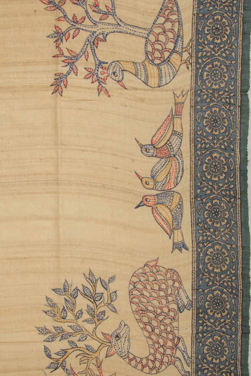 Tussar Half And Half Printed Beige And Black Saree With Kantha Work