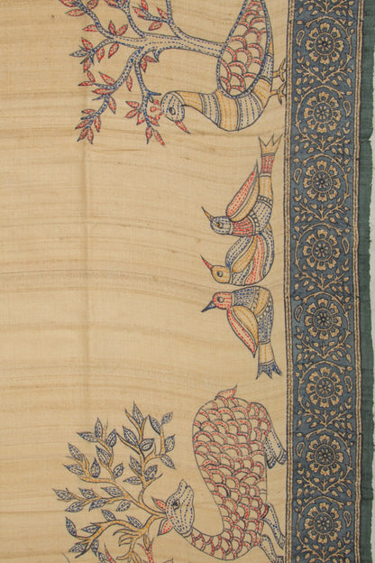 Tussar Half And Half Printed Beige And Black Saree With Kantha Work
