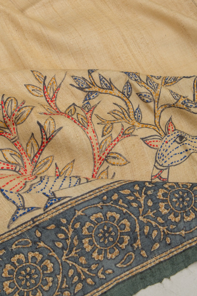 Tussar Half And Half Printed Beige And Black Saree With Kantha Work