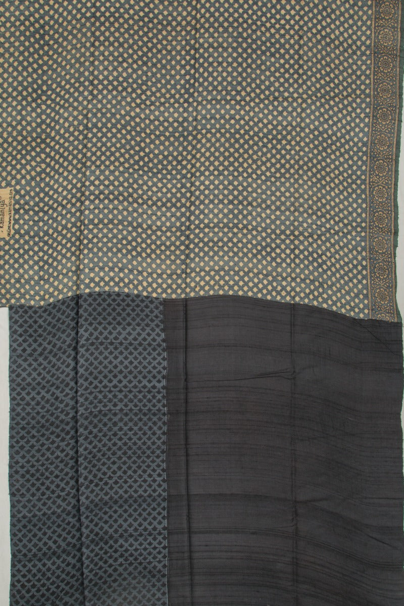 Tussar Half And Half Printed Beige And Black Saree With Kantha Work
