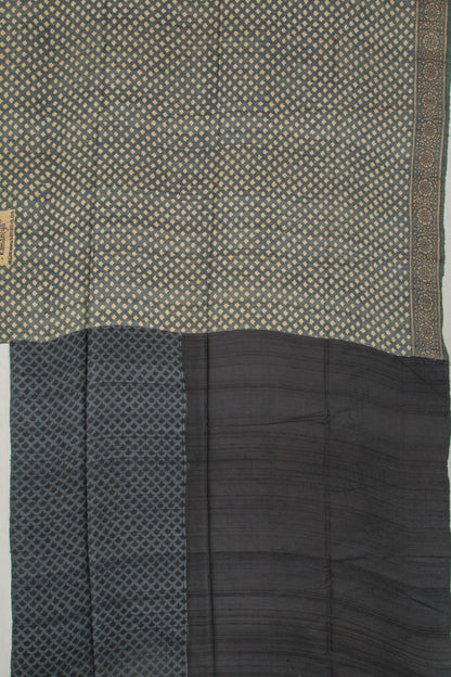Tussar Half And Half Printed Beige And Black Saree With Kantha Work