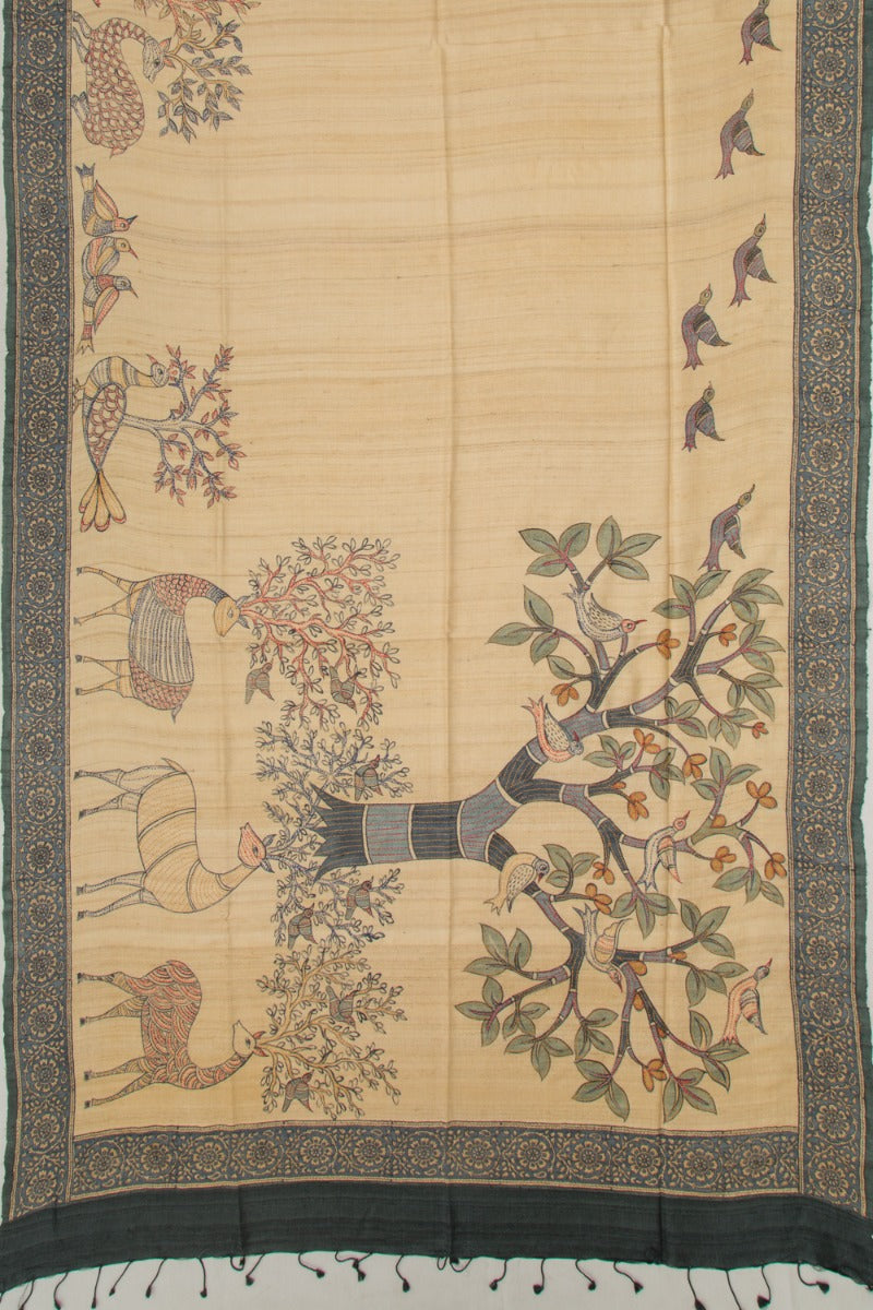Tussar Half And Half Printed Beige And Black Saree With Kantha Work