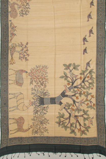 Tussar Half And Half Printed Beige And Black Saree With Kantha Work