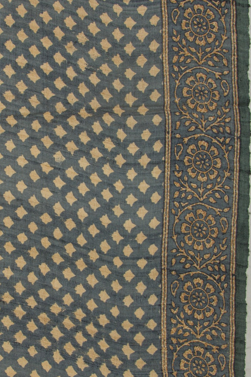 Tussar Half And Half Printed Beige And Black Saree With Kantha Work