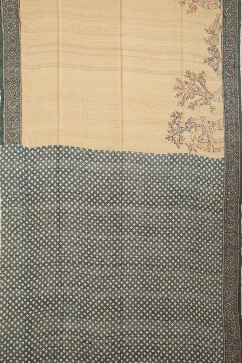Tussar Half And Half Printed Beige And Black Saree With Kantha Work