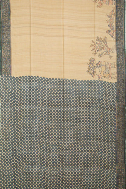 Tussar Half And Half Printed Beige And Black Saree With Kantha Work