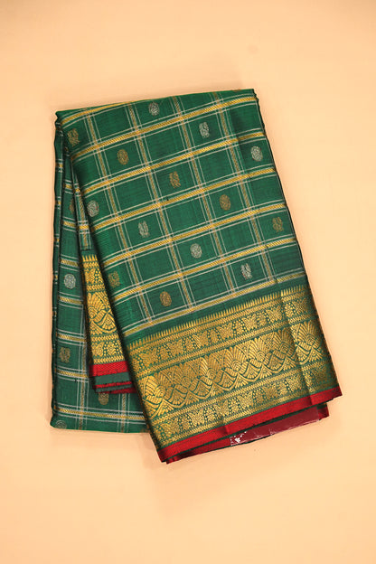Kanchipuram Silk Checks And Butta Green Saree