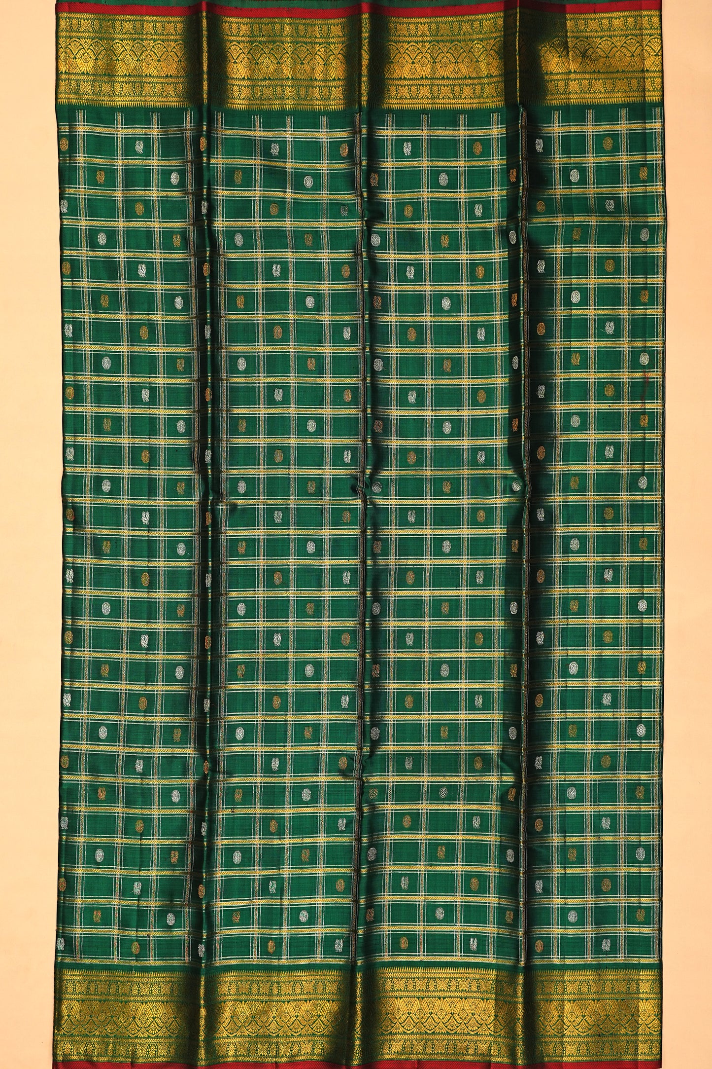 Kanchipuram Silk Checks And Butta Green Saree