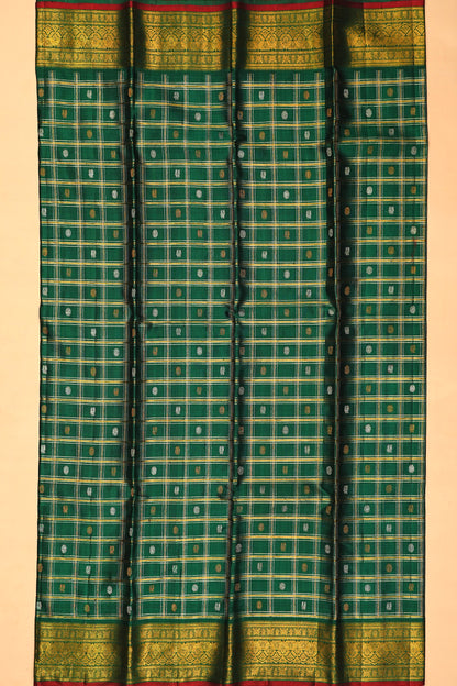 Kanchipuram Silk Checks And Butta Green Saree