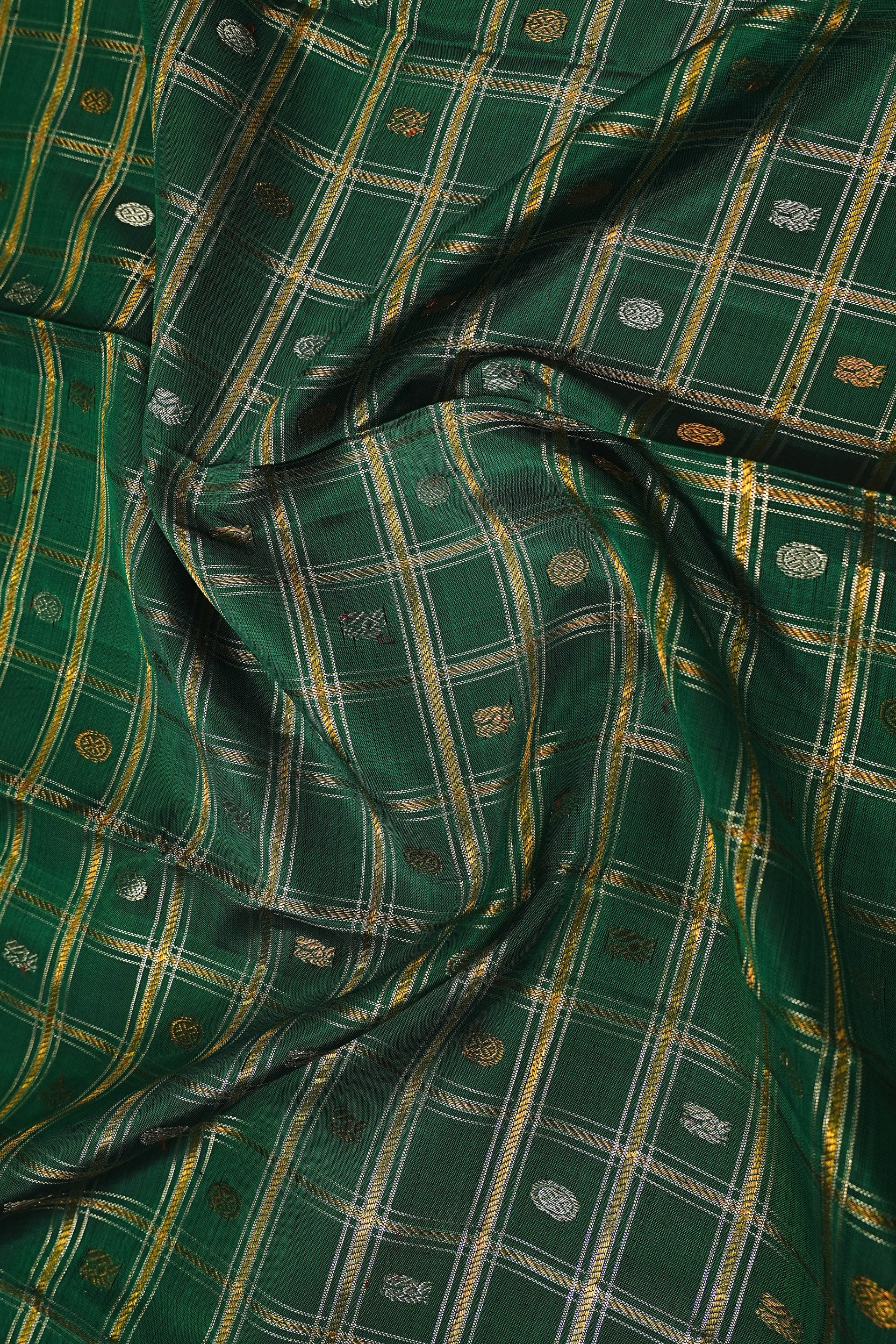 Kanchipuram Silk Checks And Butta Green Saree