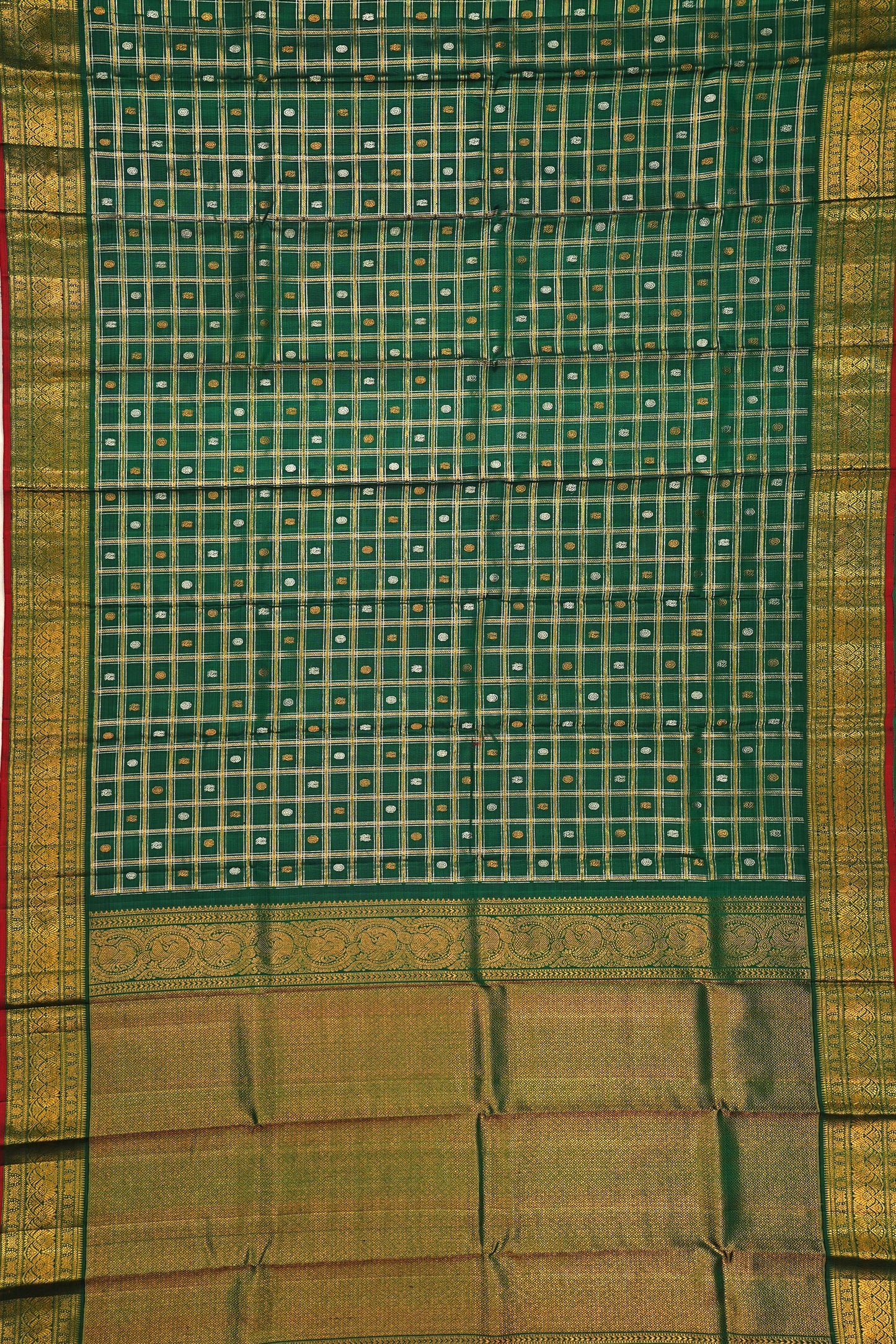 Kanchipuram Silk Checks And Butta Green Saree