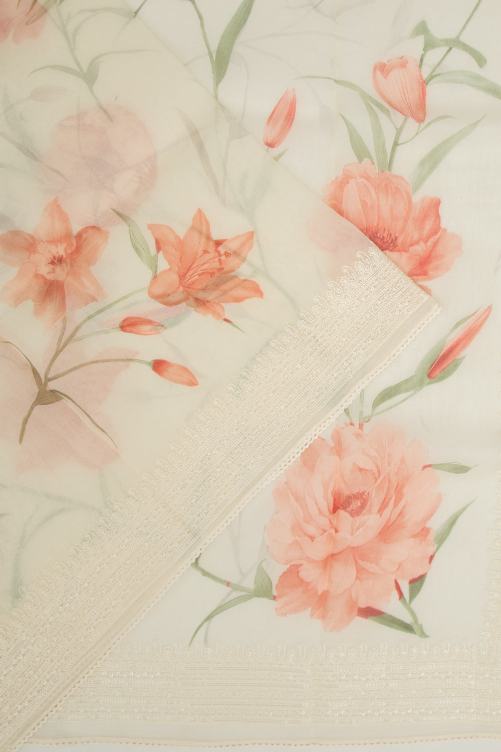 Organza Floral Printed White Saree