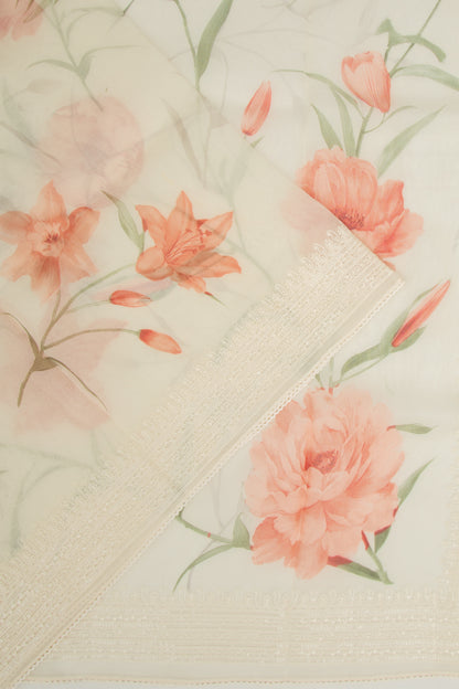 Organza Floral Printed White Saree