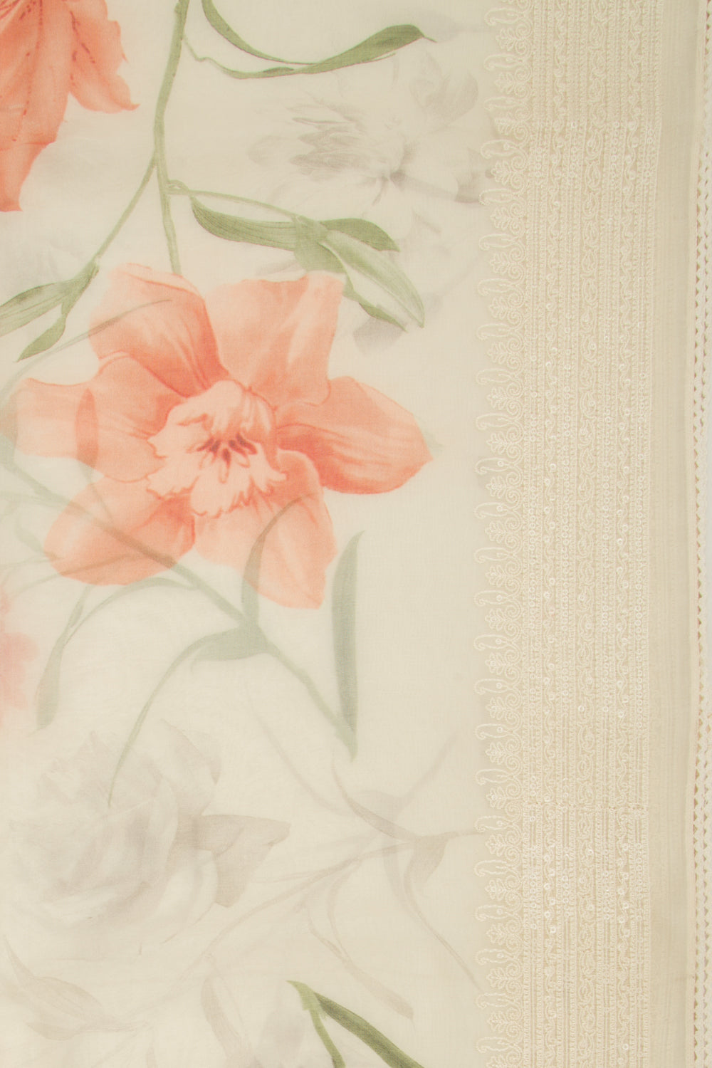 Organza Floral Printed White Saree