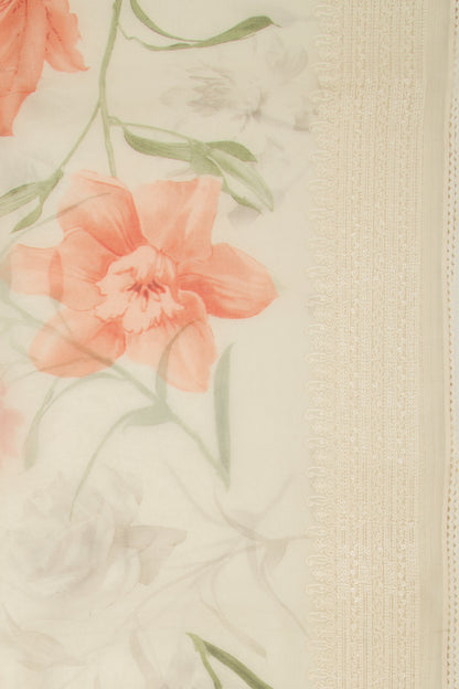 Organza Floral Printed White Saree