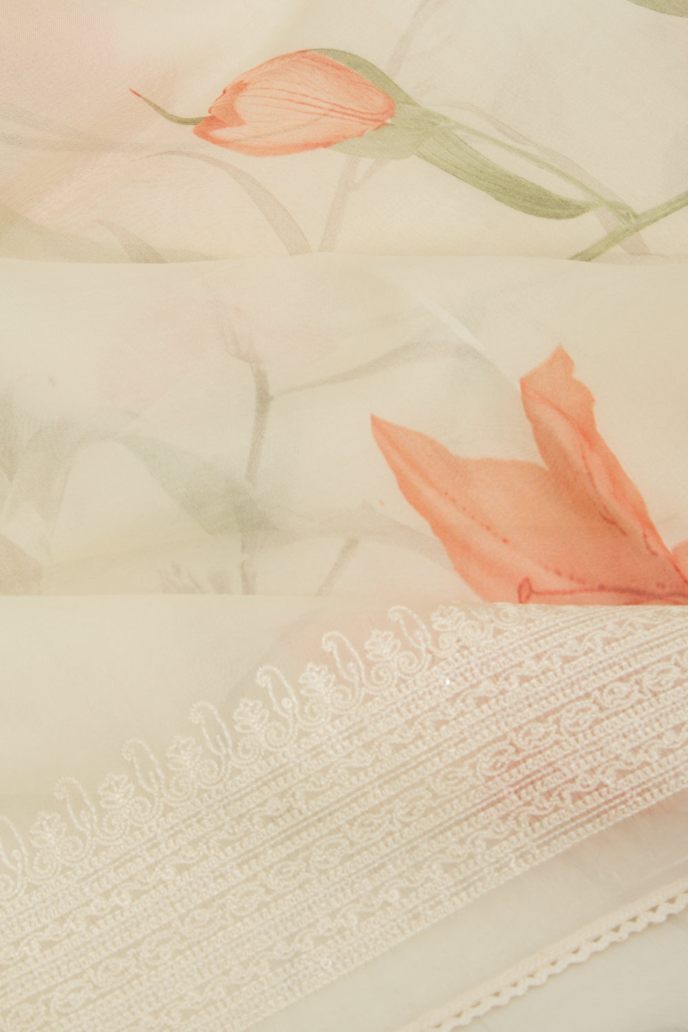 Organza Floral Printed White Saree