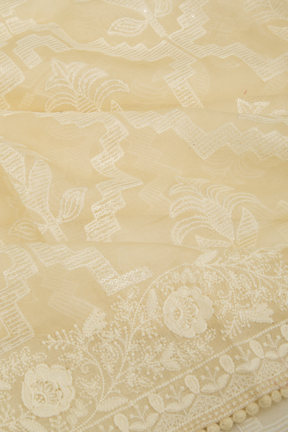 Organza Floral Embroidery Pale Yellow Saree With Sequin Work