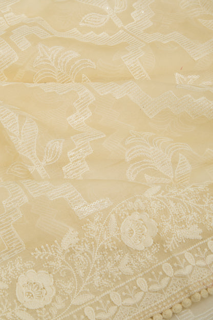 Organza Floral Embroidery Pale Yellow Saree With Sequin Work