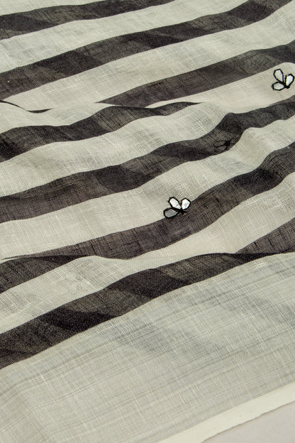 Linen Lines White And Black Saree