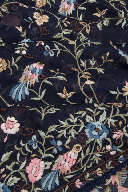 Organza Floral Embroidery Dark Blue Saree