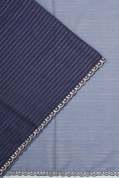 Organza Horizontal Lines Blue Saree with Scallop Border