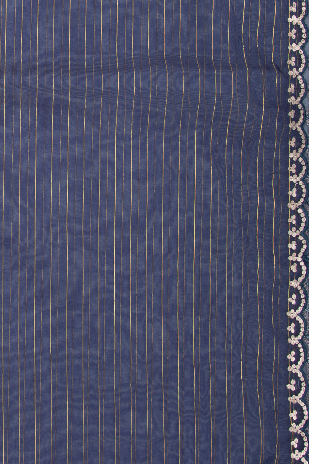 Organza Horizontal Lines Blue Saree with Scallop Border
