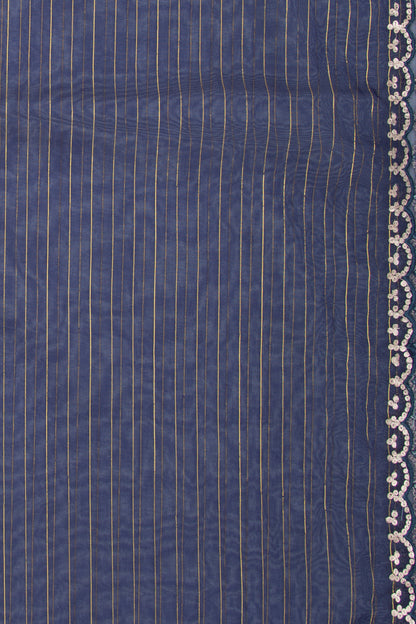 Organza Horizontal Lines Blue Saree with Scallop Border