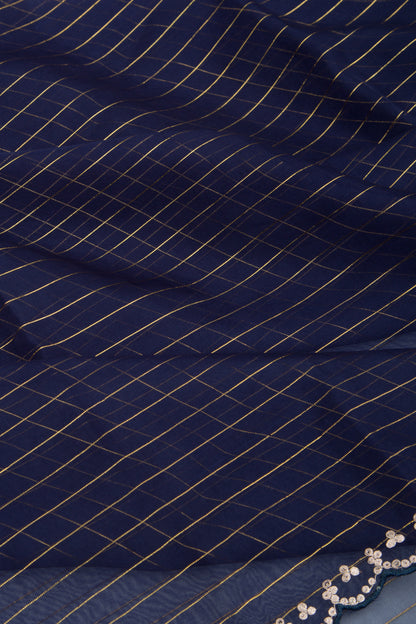 Organza Horizontal Lines Blue Saree with Scallop Border