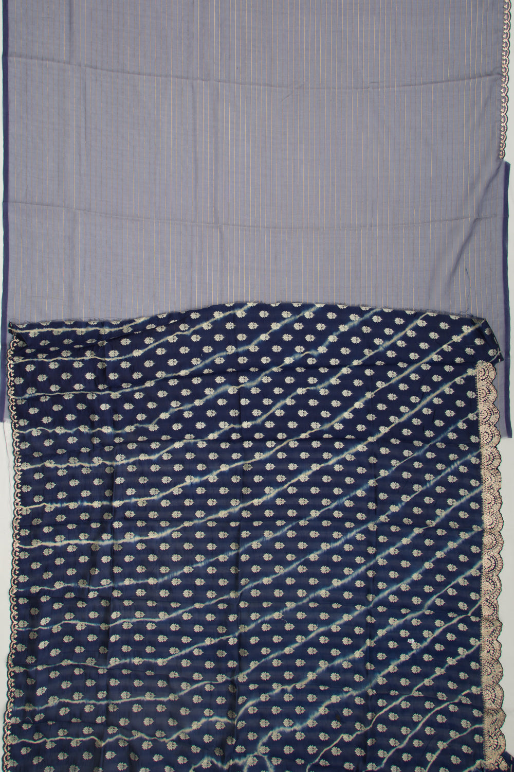 Organza Horizontal Lines Blue Saree with Scallop Border