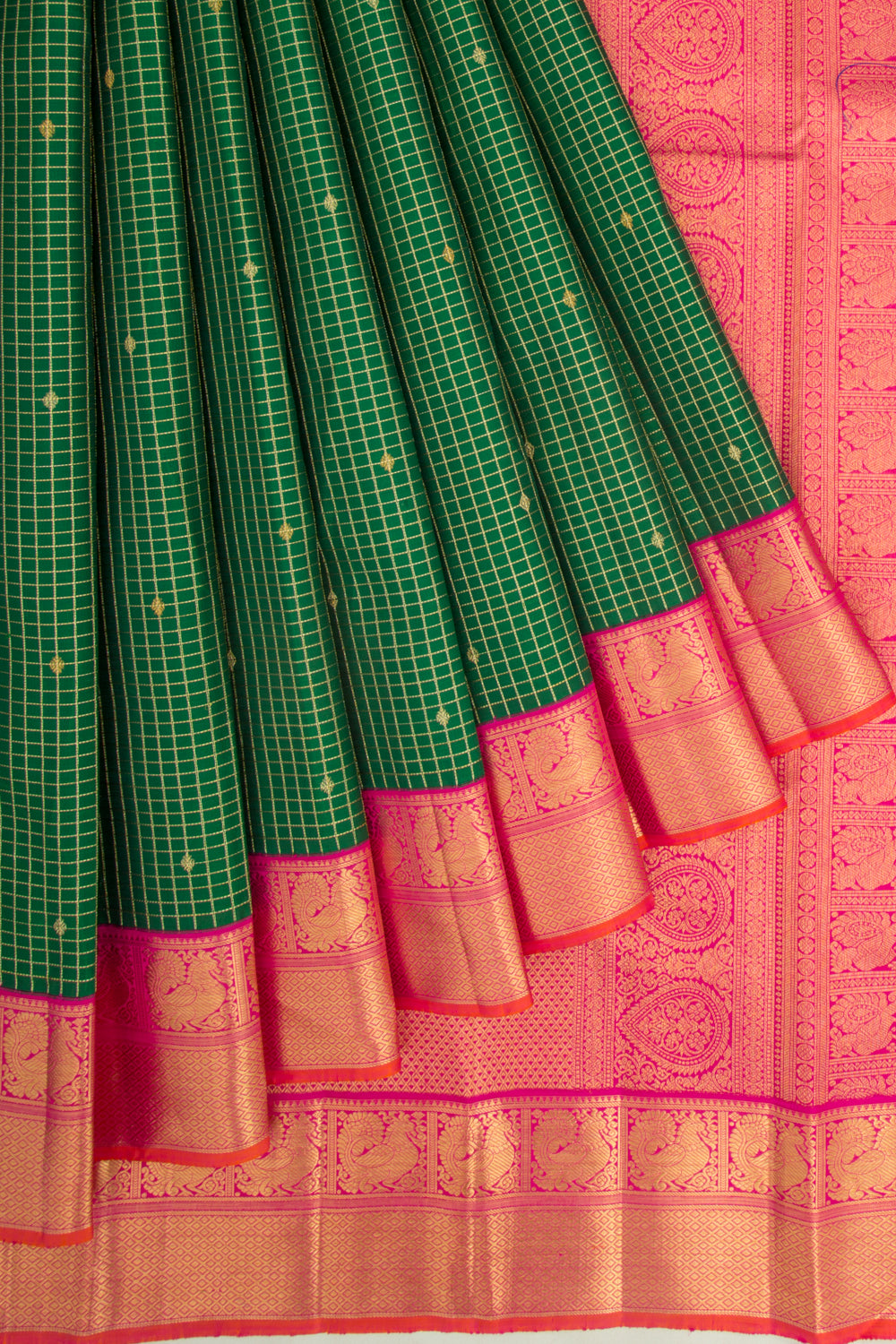 Kanchipuram Silk Checks And Butta Green Saree