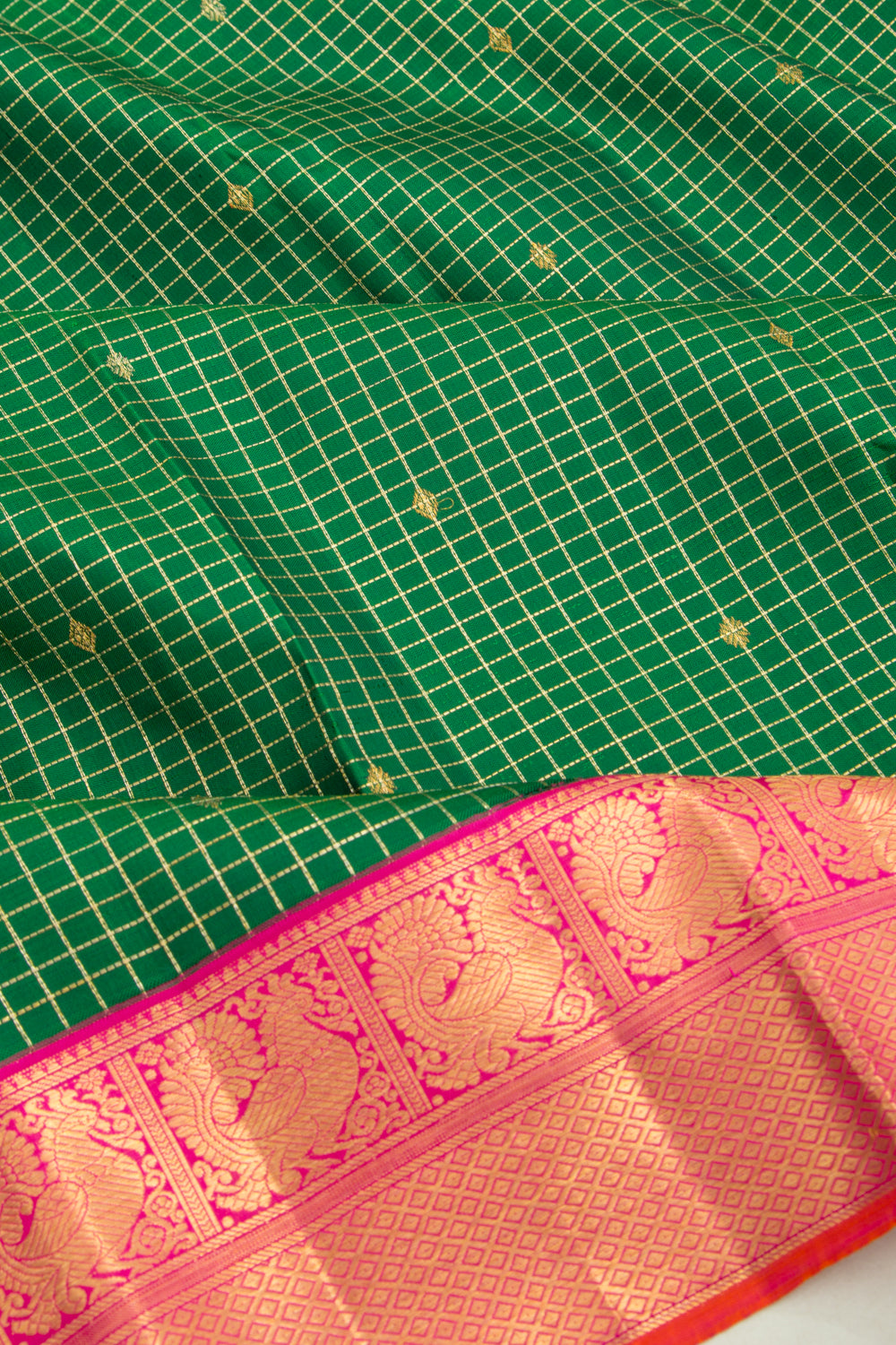 Kanchipuram Silk Checks And Butta Green Saree
