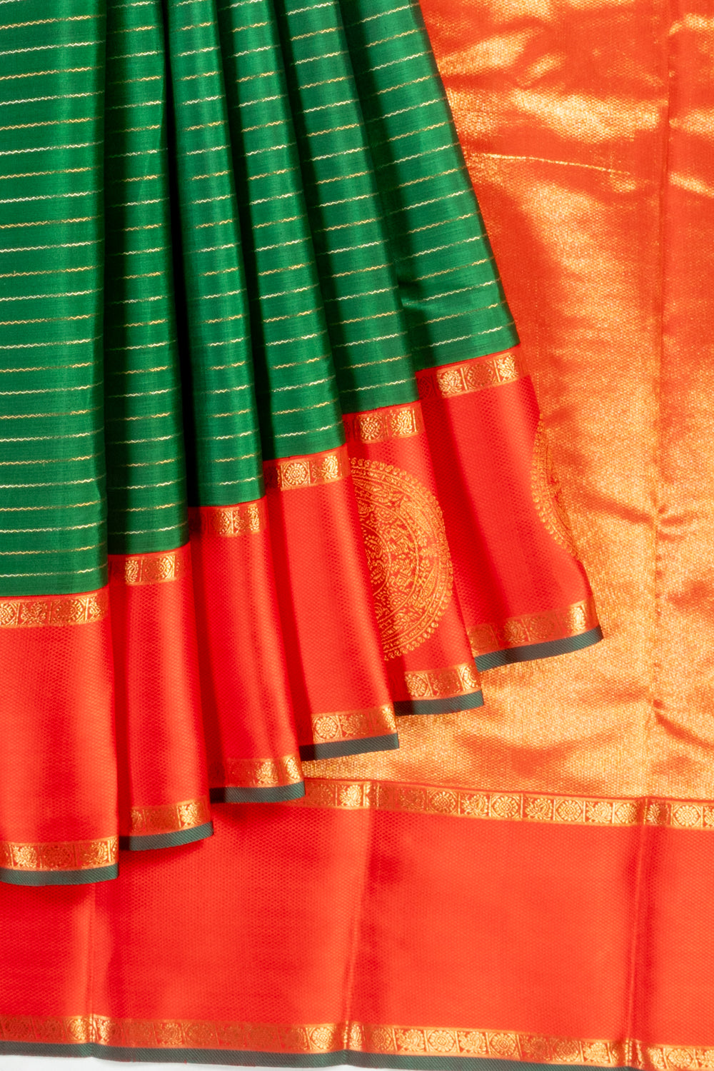 Kanchipuram Silk Horizontal Lines Dark Green Saree