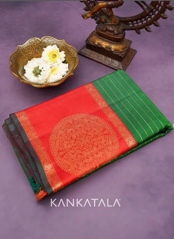 Kanchipuram Silk Horizontal Lines Dark Green Saree