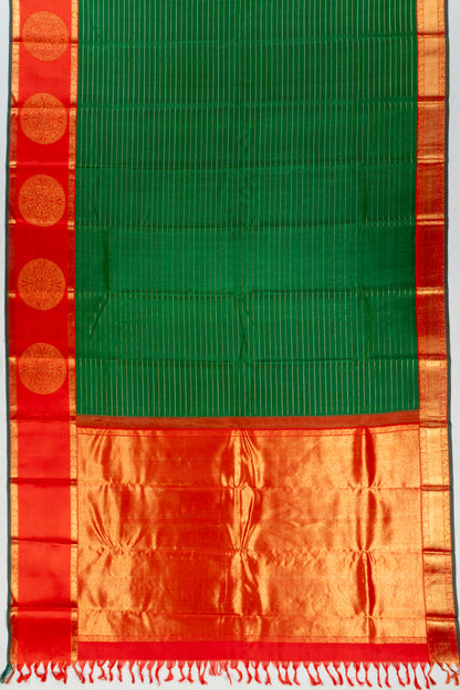 Kanchipuram Silk Horizontal Lines Dark Green Saree
