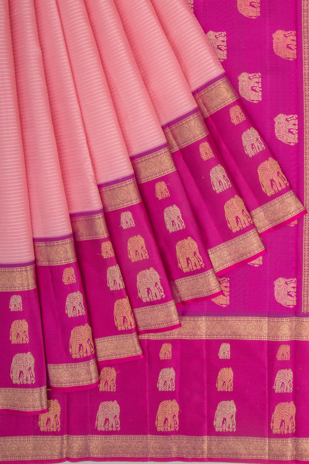 Kanchipuram Silk Horizontal Lines Baby Pink Saree