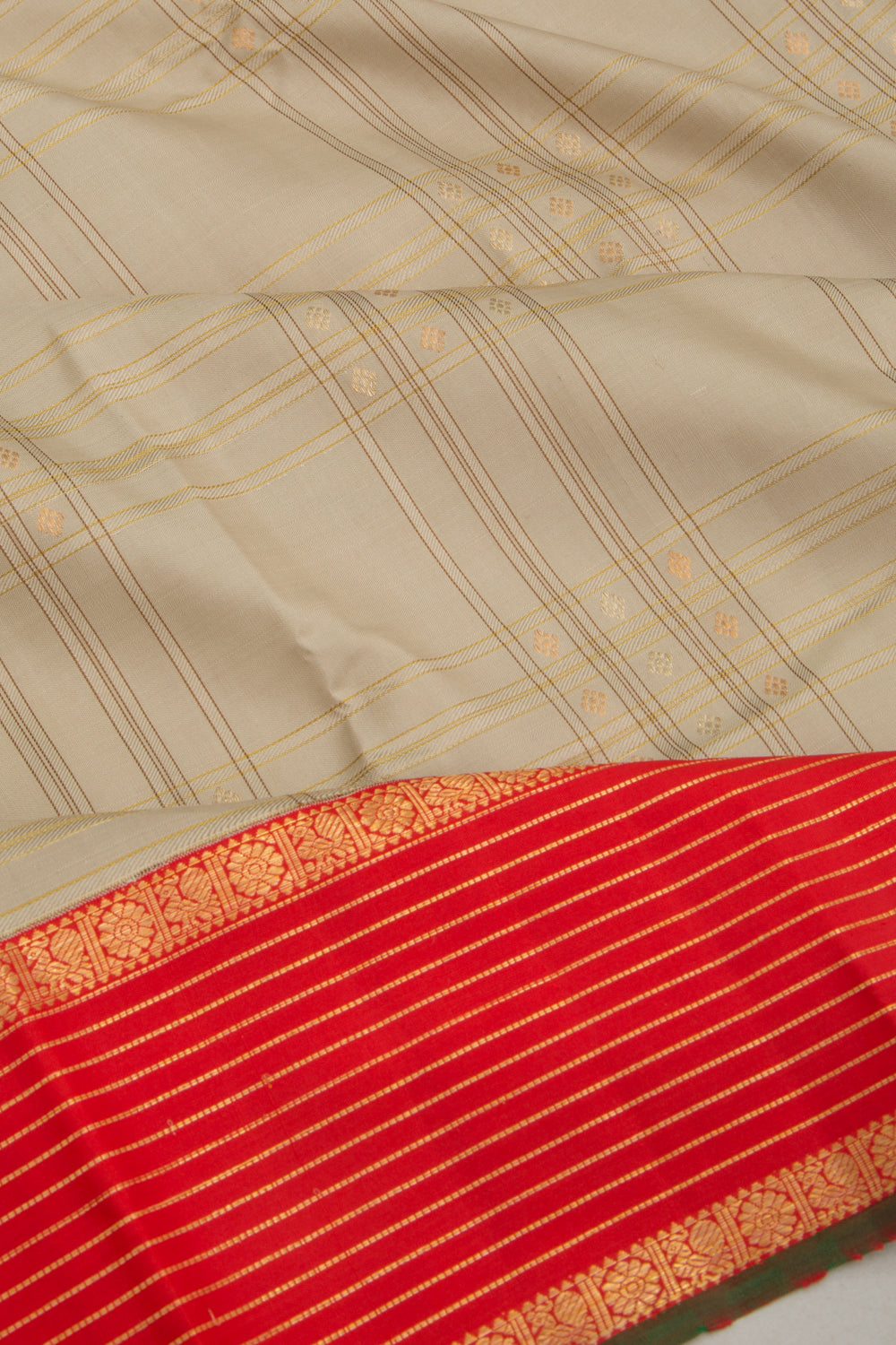 Kanchipuram Silk Checks And Butta Khaki Brown Saree