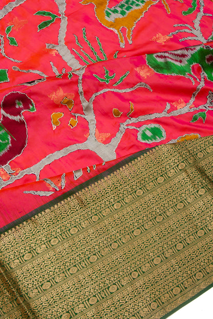Kanchipuram Silk With Ikat Applique Work Pink Saree