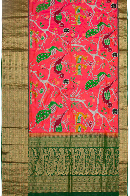 Kanchipuram Silk With Ikat Applique Work Pink Saree