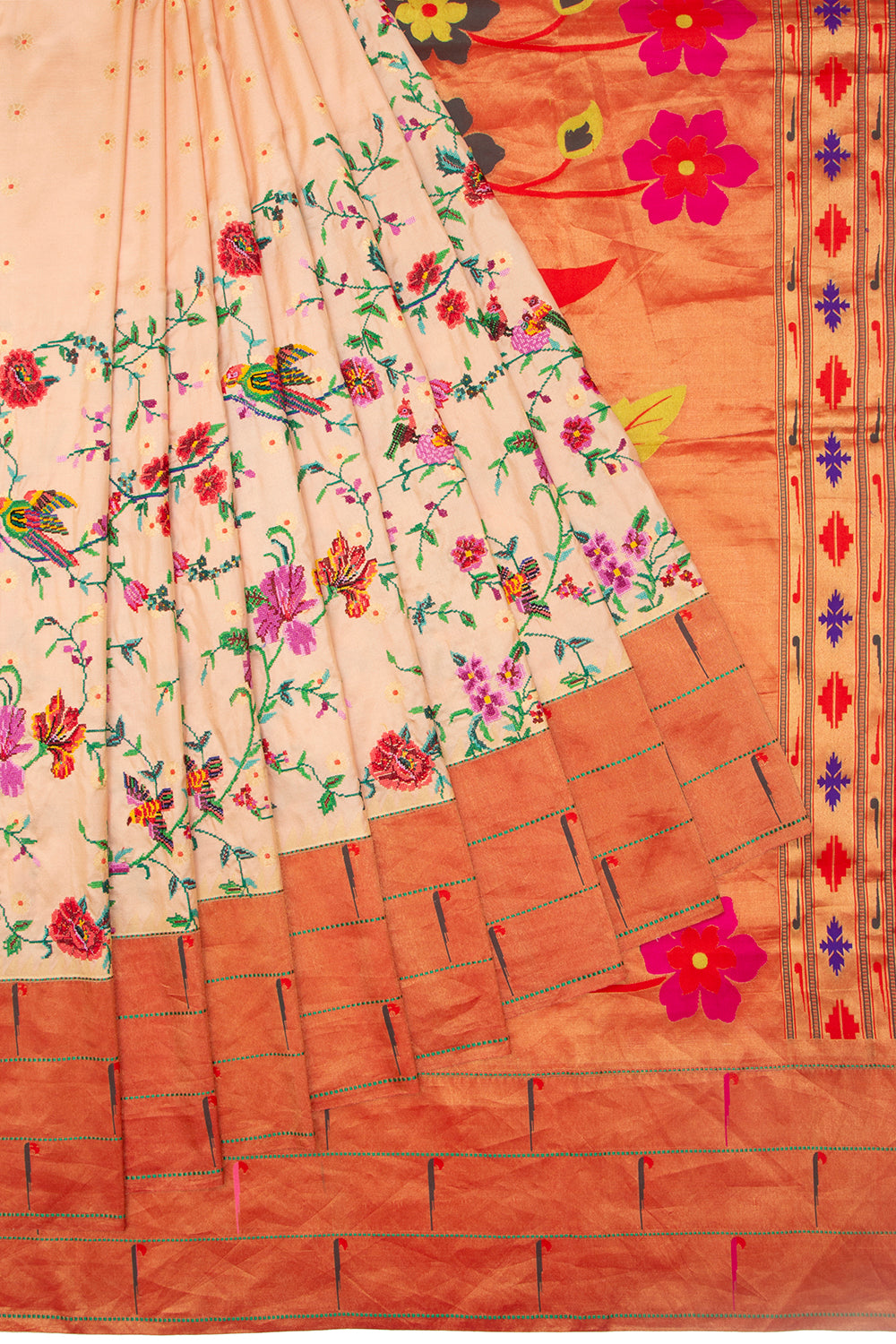 Soft Silk Paithani Embroidery Pastel Orange Saree With Triple Muniya Border