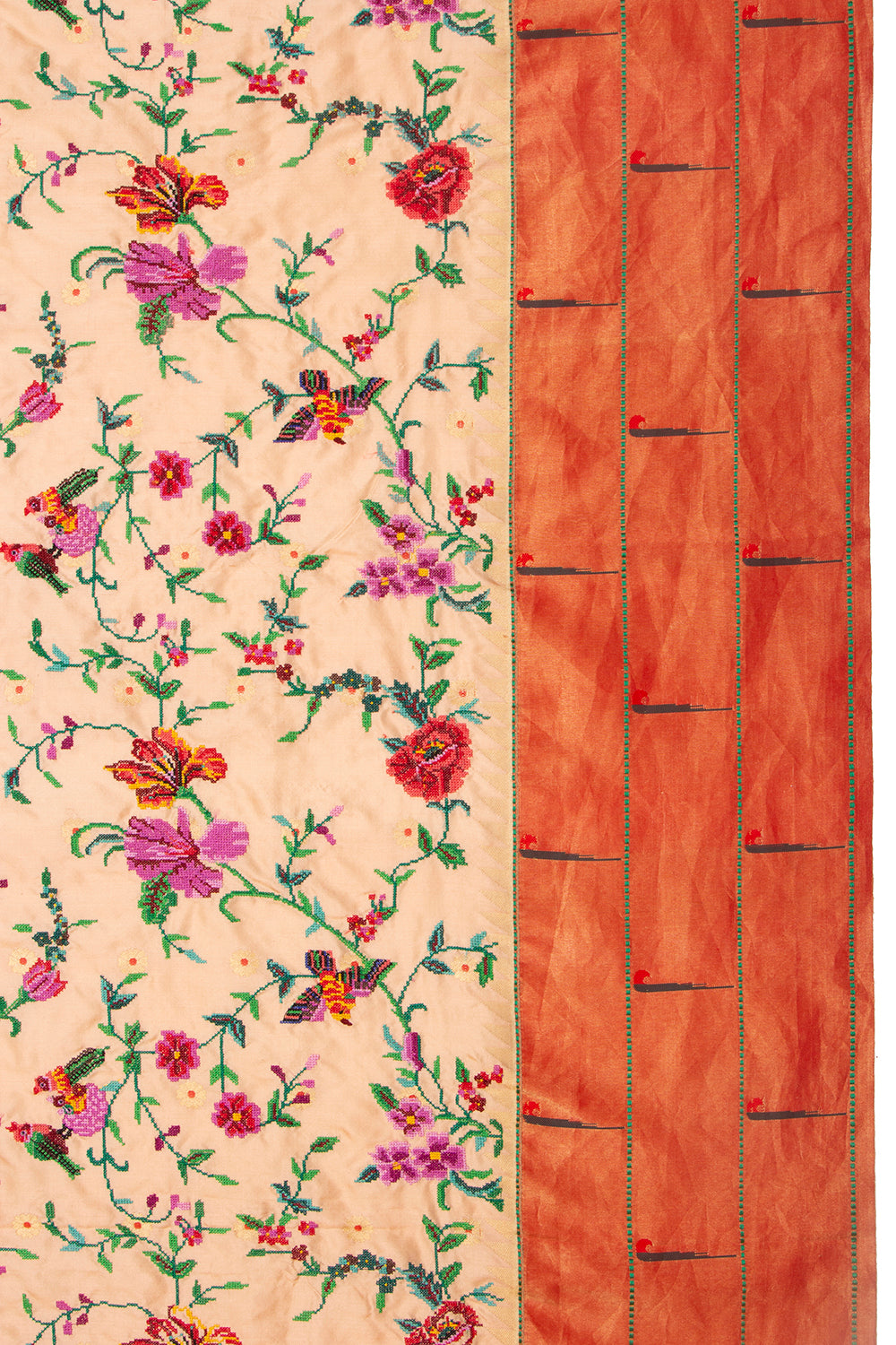 Soft Silk Paithani Embroidery Pastel Orange Saree With Triple Muniya Border