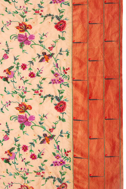 Soft Silk Paithani Embroidery Pastel Orange Saree With Triple Muniya Border