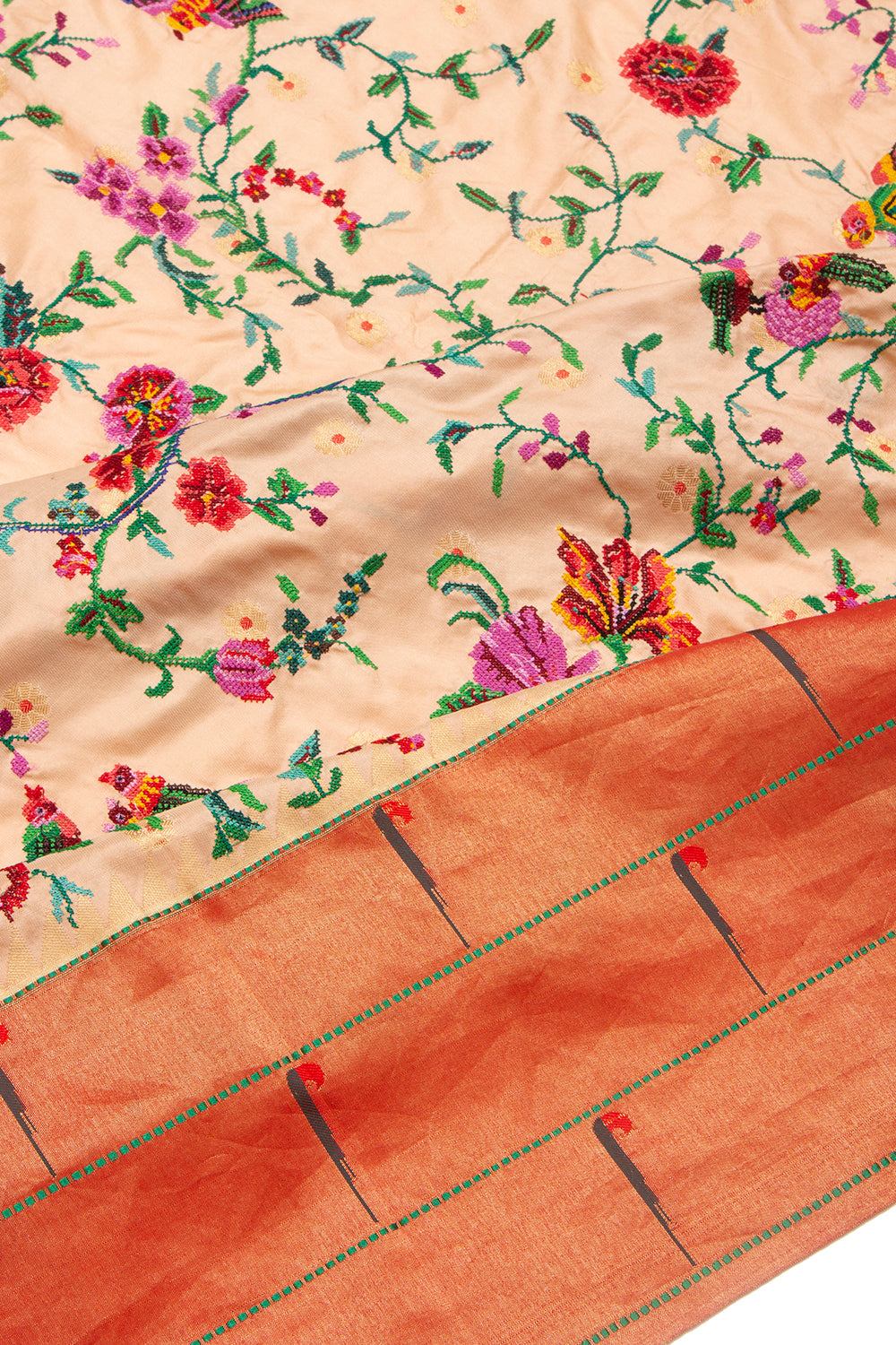 Soft Silk Paithani Embroidery Pastel Orange Saree With Triple Muniya Border