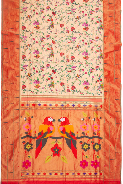 Soft Silk Paithani Embroidery Pastel Orange Saree With Triple Muniya Border