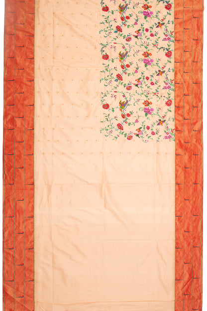 Soft Silk Paithani Embroidery Pastel Orange Saree With Triple Muniya Border