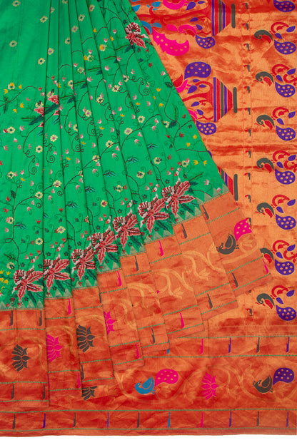 Soft Silk Paithani Embroidery Green Saree