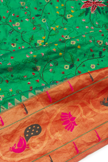 Soft Silk Paithani Embroidery Green Saree