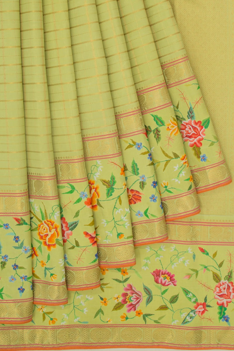 Petit Point Kanchipuram Silk Checks Embroidery Pista Green saree